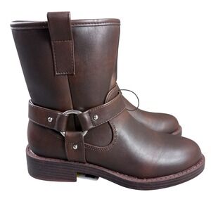 Dv Boots Womens Size 6 Brown Biker Ankle Zip Faux Leather Low Heel Straps Lined